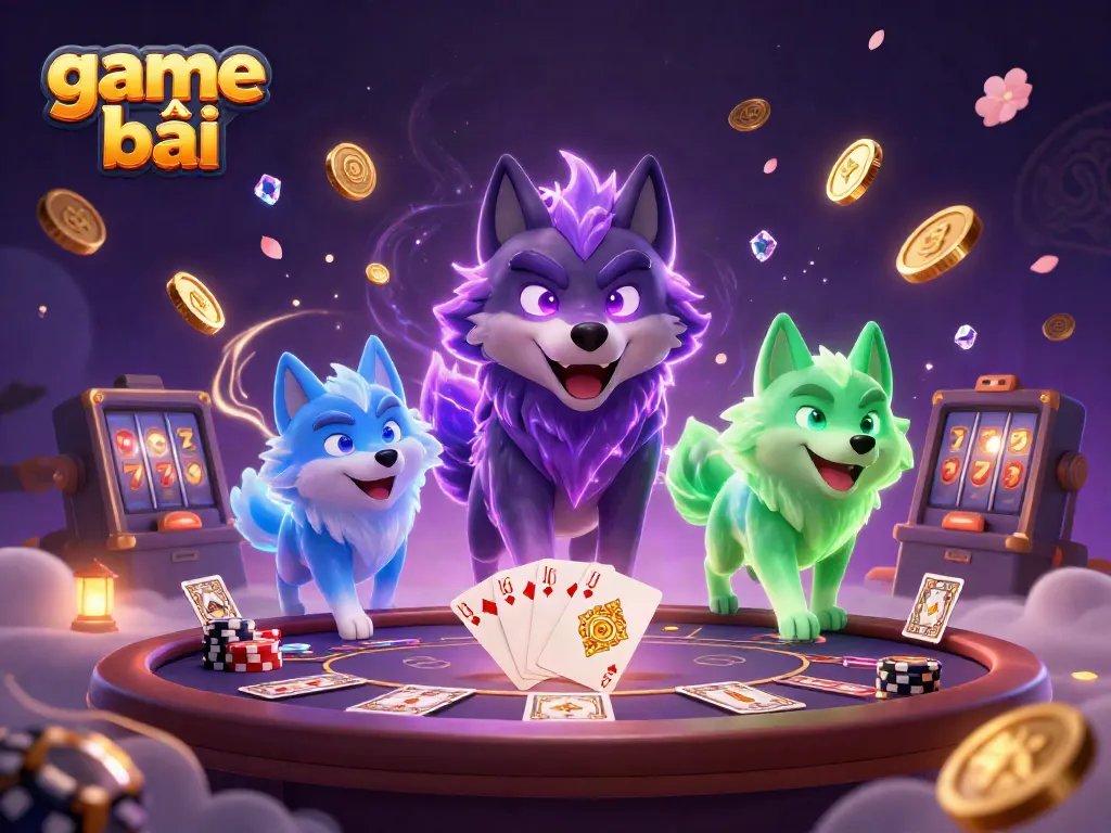 Experience the thrill of game bài with a dynamic 3D casino scene showcasing wolf characters, coins, and poker elements.