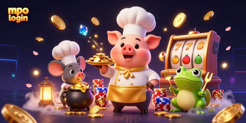 Login mpo dalam ilustrasi ceria satu chef babi melayani koin emas, simbol keberuntungan untuk pemain.