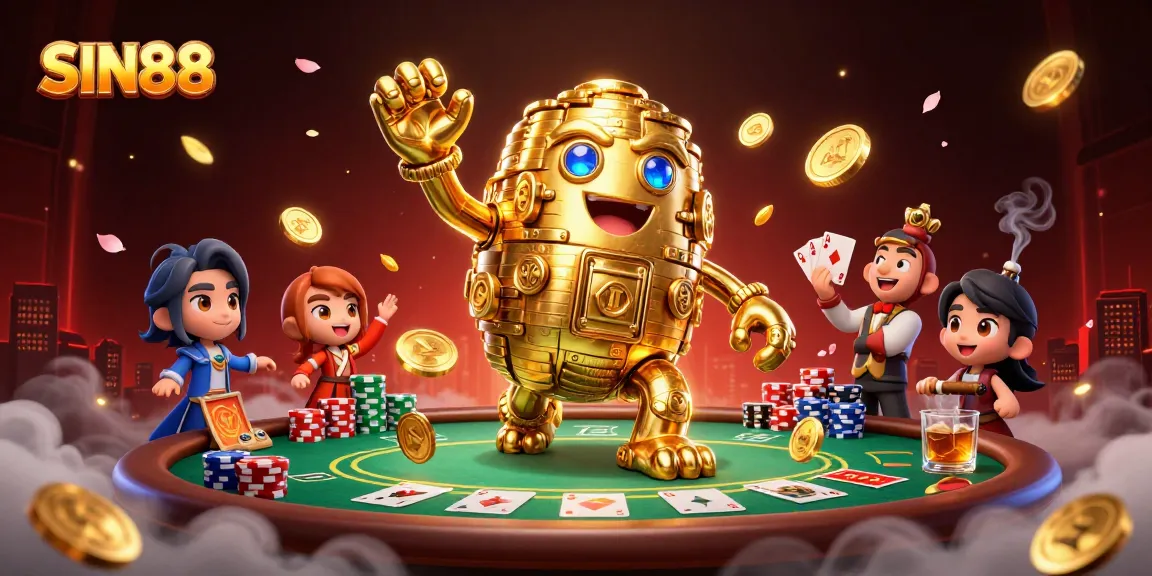 SIN88 features a dynamic scene with a golden golem, poker elements, and rich atmospheric costumes in a casino setting.