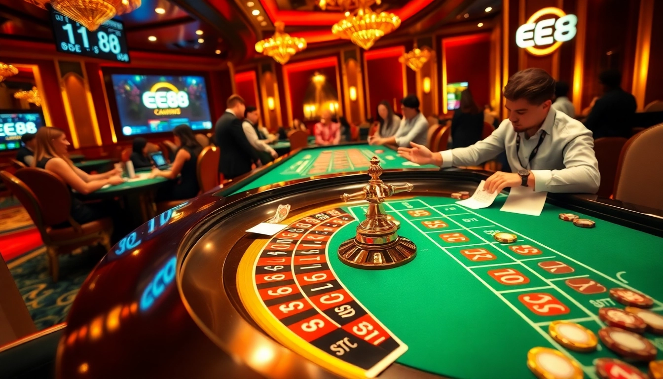 EE88 casino scene with roulette table, vibrant atmosphere, and players engaged in exciting bets.