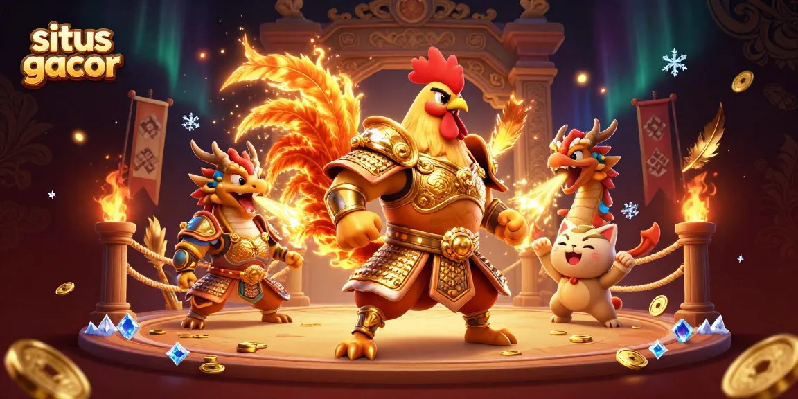 Swing into action with situs gacor showcasing a powerful rooster warrior and dragon in a vibrant cockfighting arena.