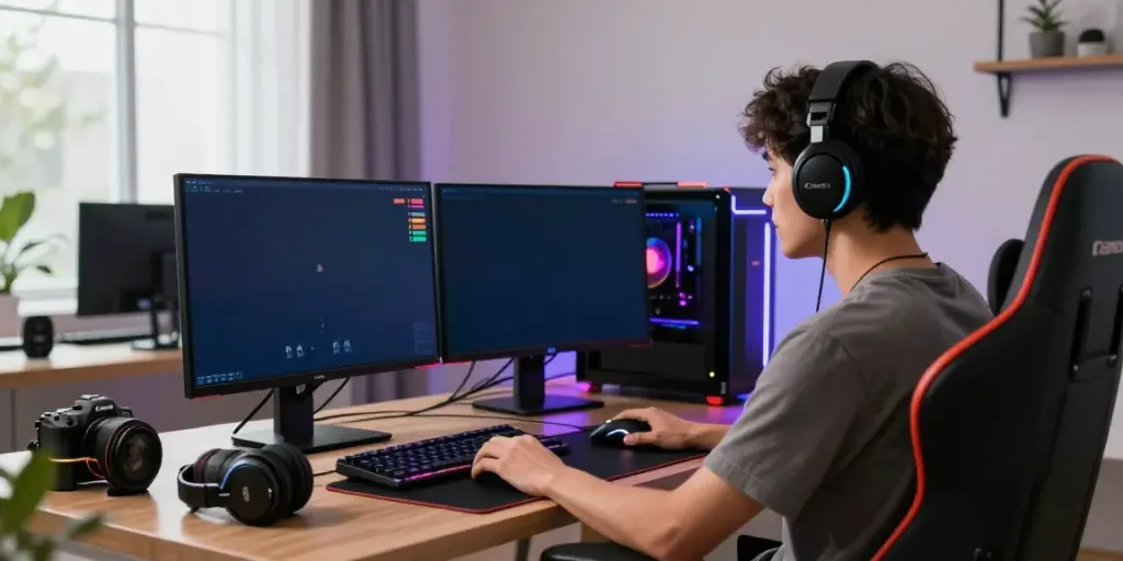 A young adult engaged in online gaming with akunjp slot game graphics on dual monitors.
