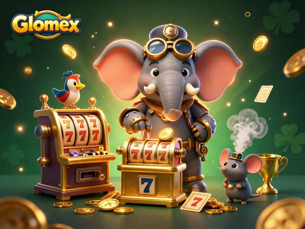 Glomex showcases thrilling slot gameplay with a steampunk theme in a vibrant casino scene