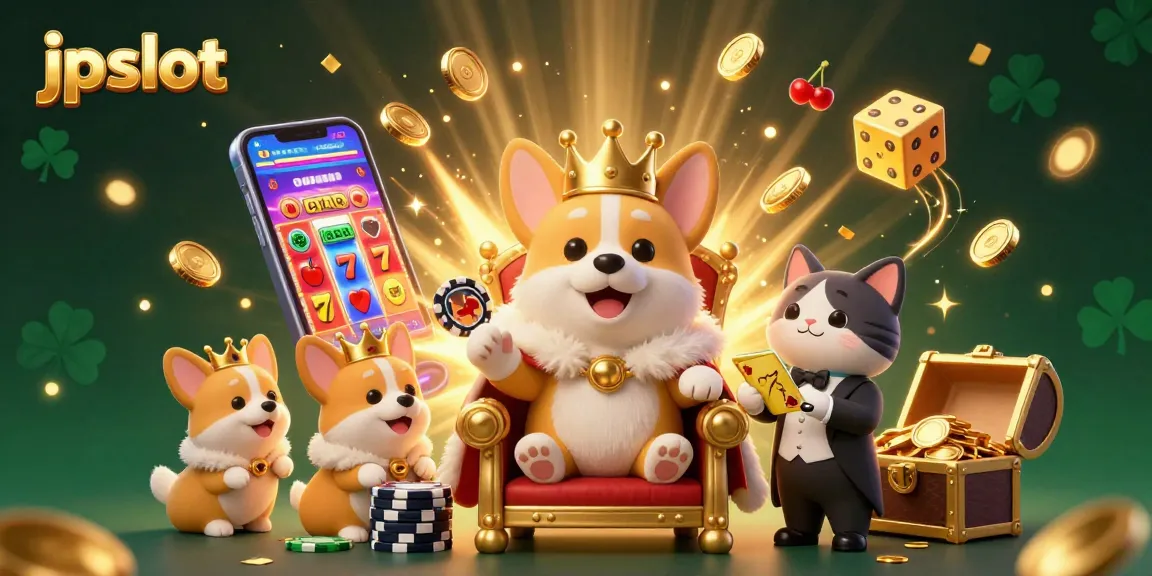 Experience the thrill of the jp slot world with a vibrant 3D illustration of a royal corgi and gaming elements bursting with excitement.