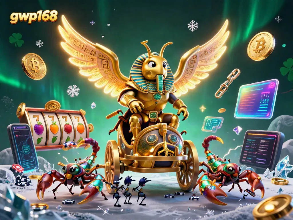 Menghadirkan gwp168, ilustrasi kasino dengan scarab emas, simbol slot, dan koin kripto.
