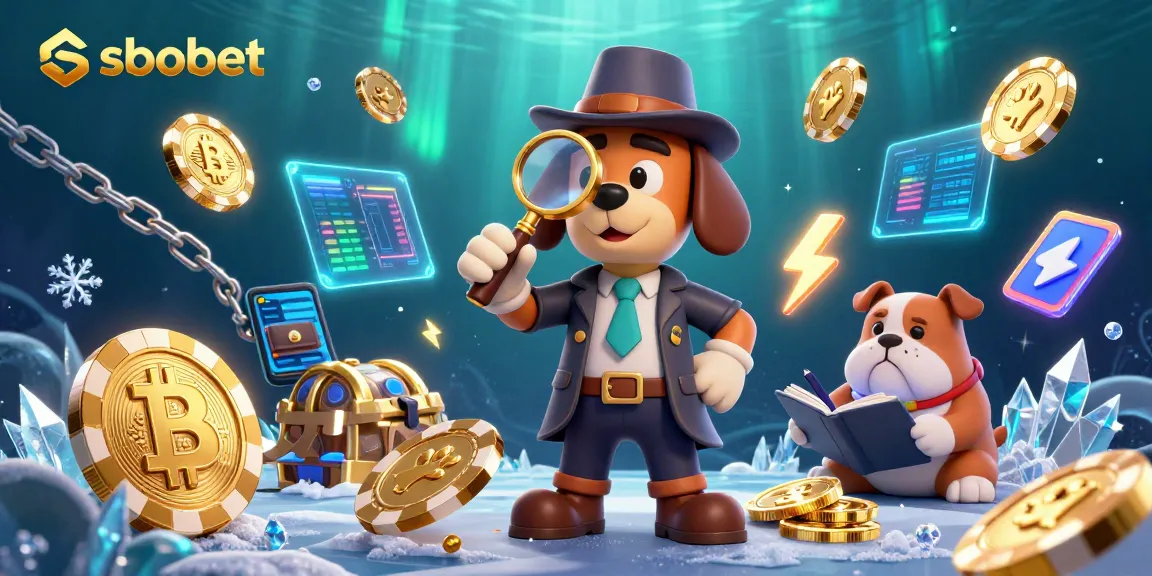 SboBet betting detective examines poker chip clues and crypto elements in a colorful 3D casino scene.