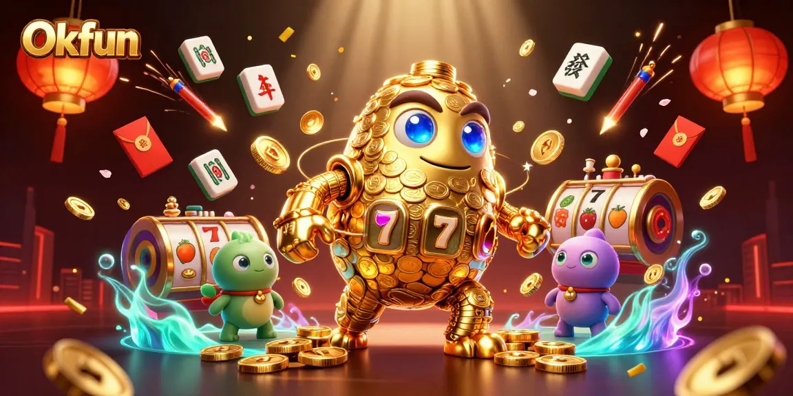Engage with Okfun's vibrant casino gameplay featuring a golden golem and dynamic visual elements.