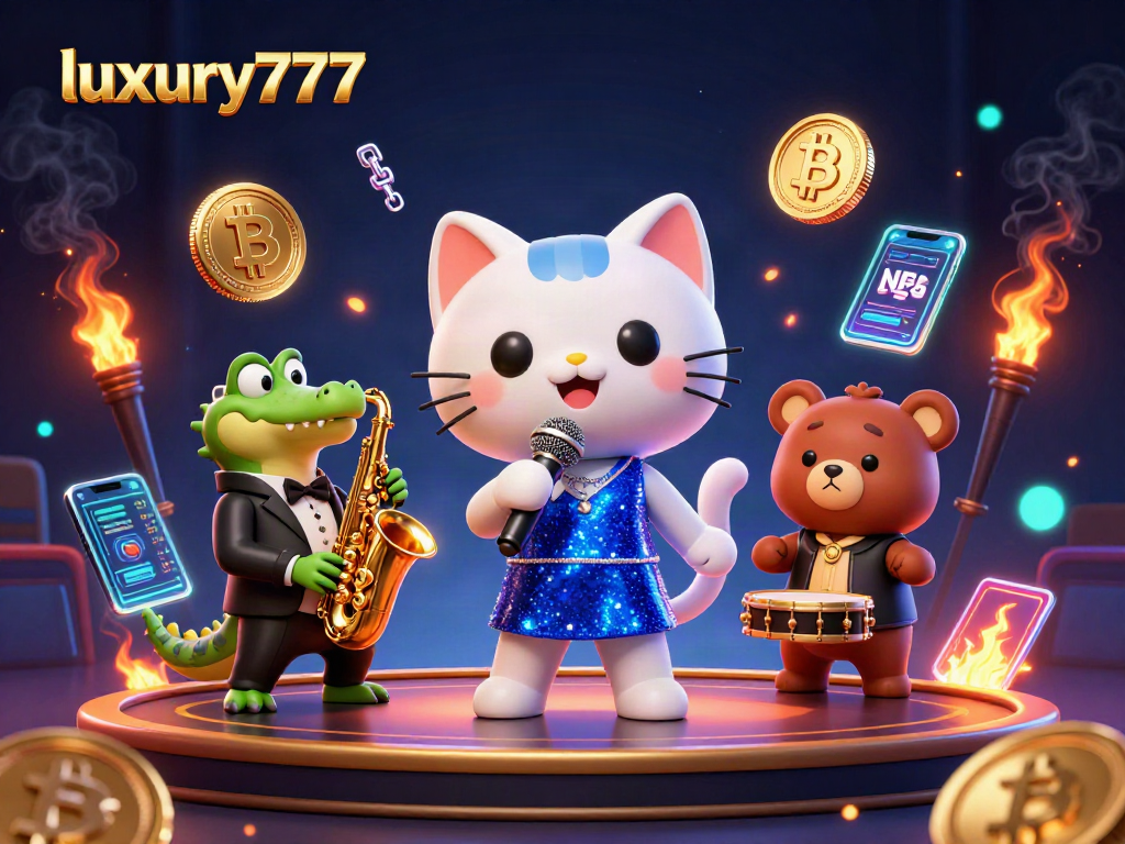 Gambar efek visual menarik dari pengalaman luxury777 dengan karakter kucing penyanyi jazzy, buaya, dan beruang bermain drum.
