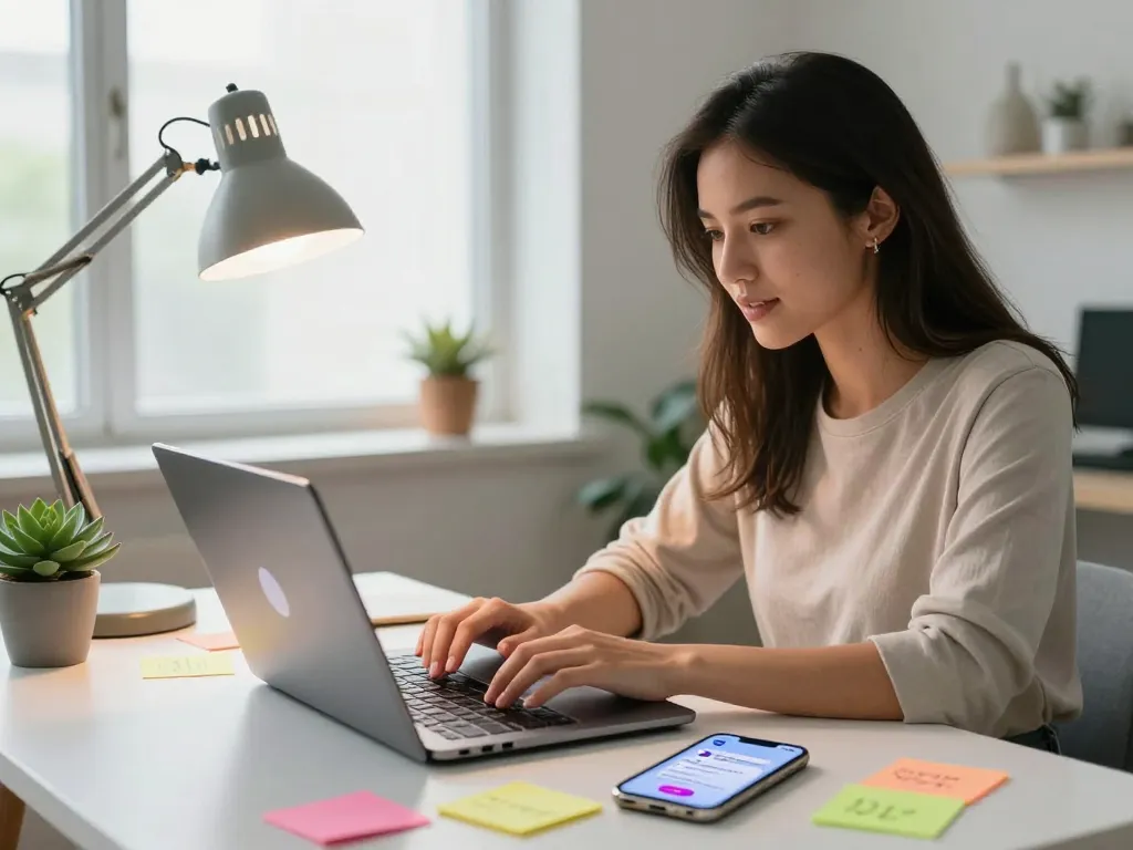 Engaging woman using sex chat AI on laptop in a modern home office, vibrant and creative workspace.