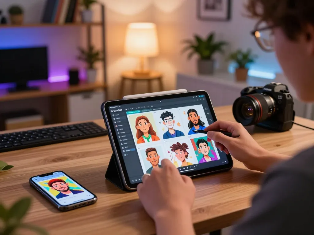 Creating a Chatgpt caricature at home using a tablet in a cozy office environment.