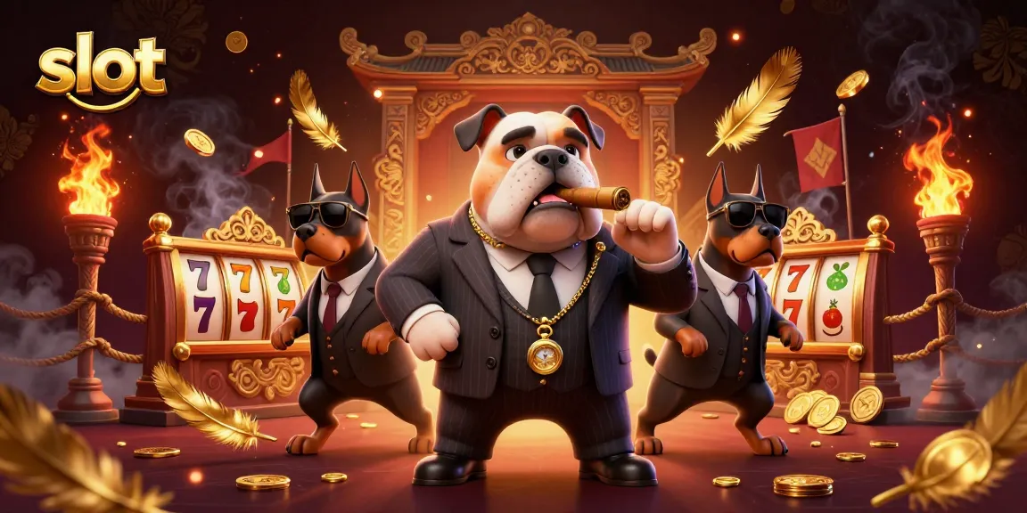 Experience thrilling slot gaming with our illustrated mafia theme featuring a bulldog and Dobermans.