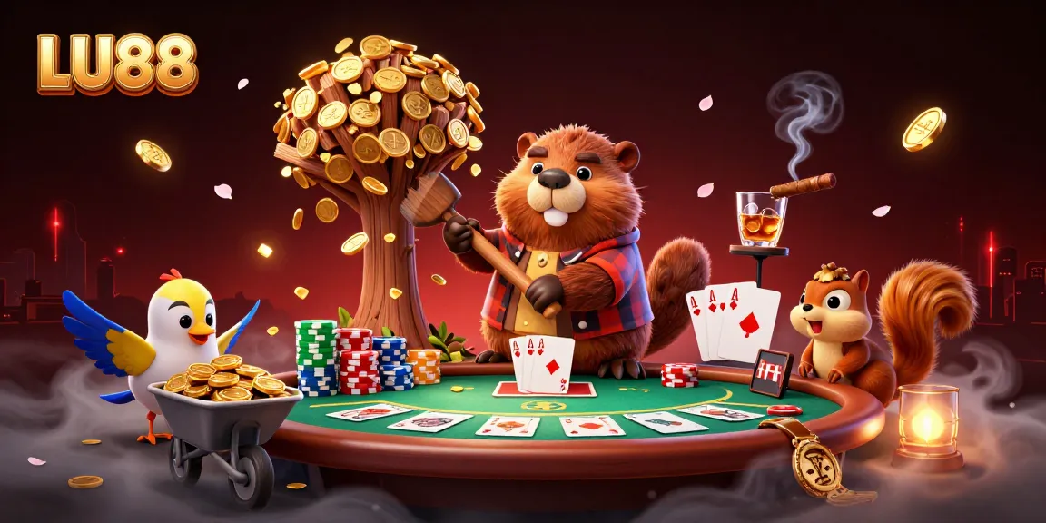 Experience LU88's vibrant casino atmosphere with a 3D beaver and gold raining coins.