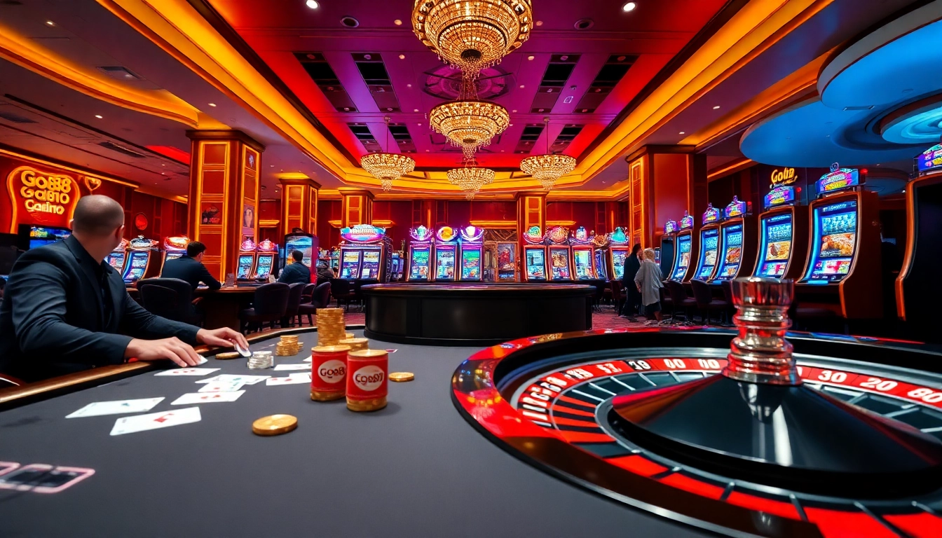 Exciting casino gameplay scene showcasing go88 with poker tables, roulette, and slot machines.