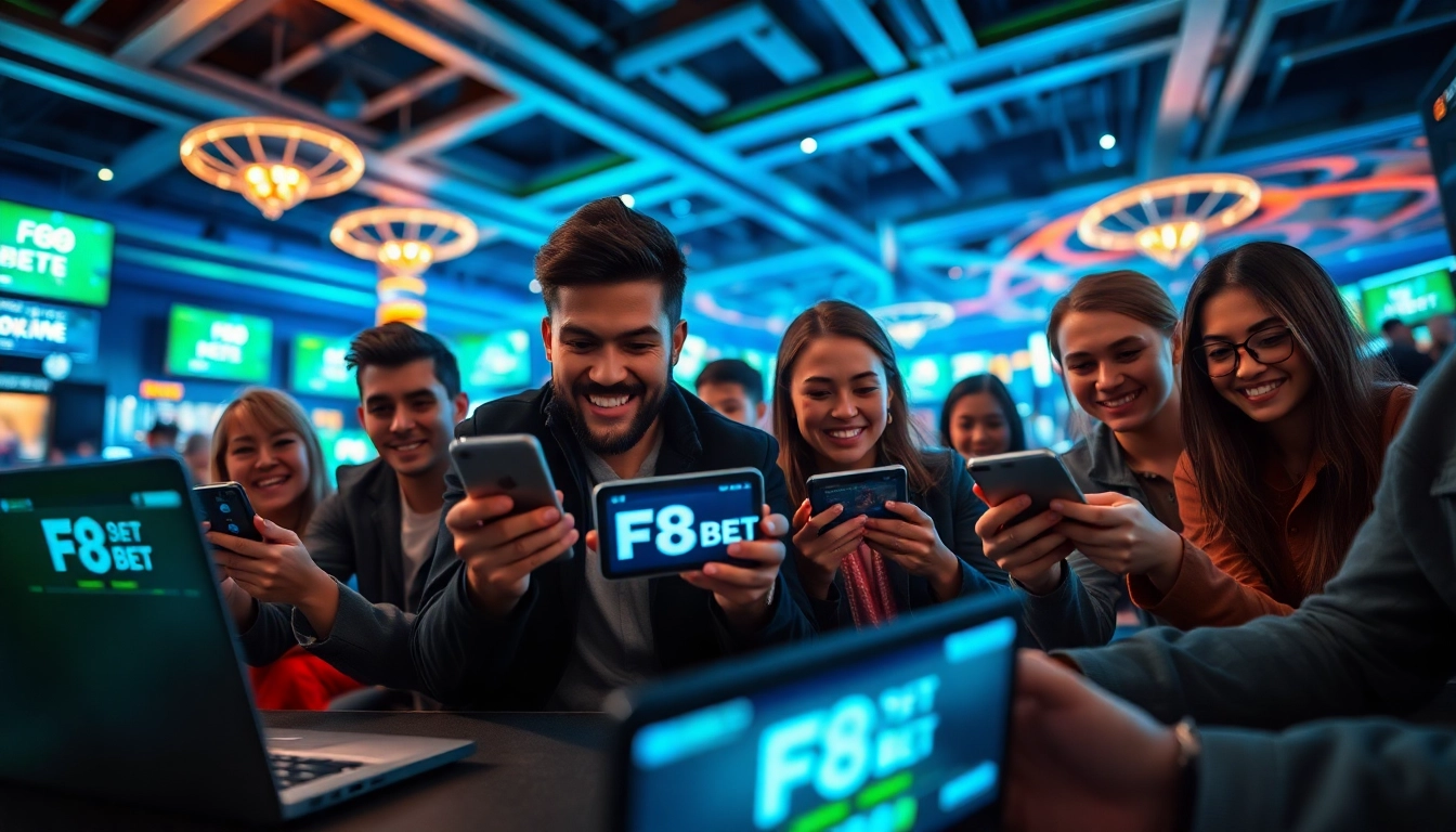 Engaged players experiencing F8 BET's dynamic online betting platform in a vibrant, modern setting.