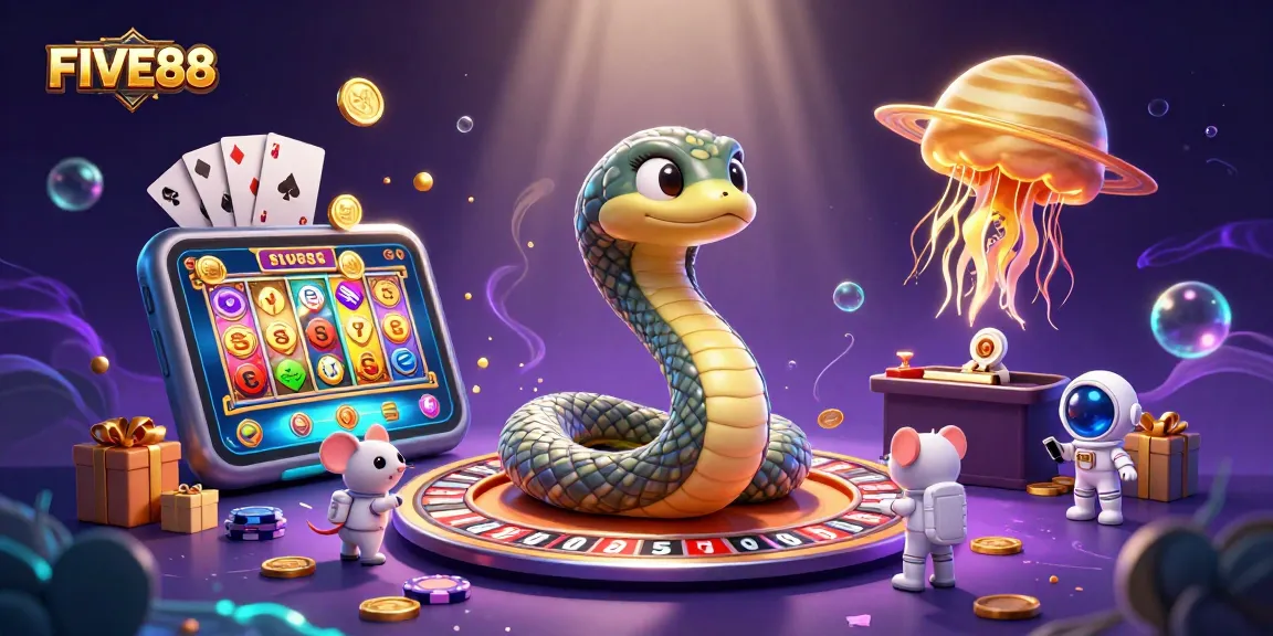 Experience the thrill at FIVE88 with astronaut mice betting on cosmic roulette surrounded by vibrant gaming elements.