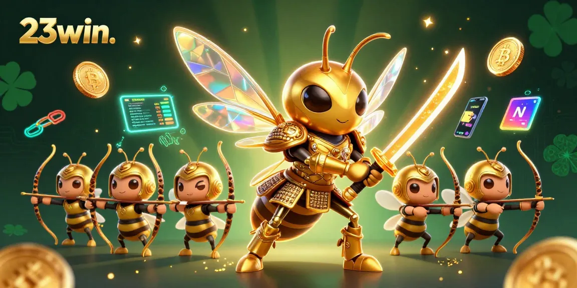 Engage with 23win. in a vibrant casino scene featuring a golden hornet and crypto elements