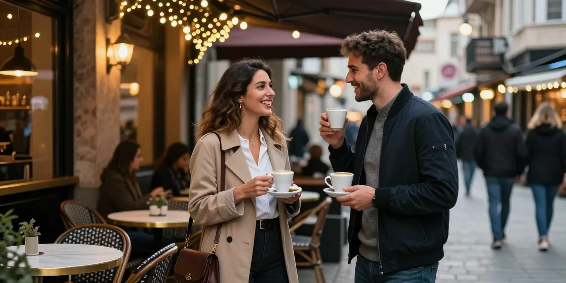 Charming scene depicting İstanbul Escort enjoying an evening coffee in a stylish café with a companion in a vibrant urban setting.
