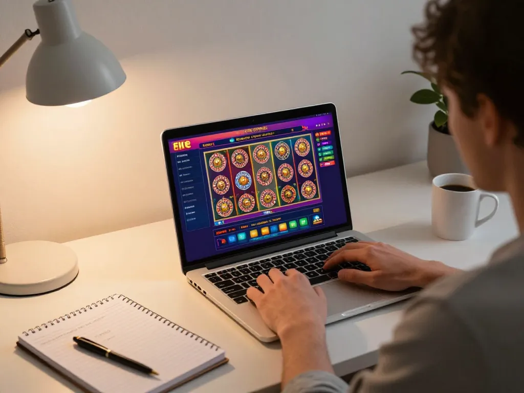 Engaged player at CasinoAtlas exploring online casino options from home, highlighting strategic gameplay.