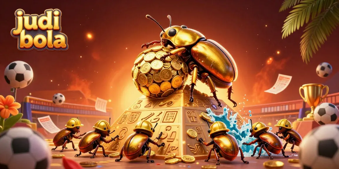 Experience exciting judi bola action as a golden beetle rolls coins up a pyramid amidst festive casino symbols.