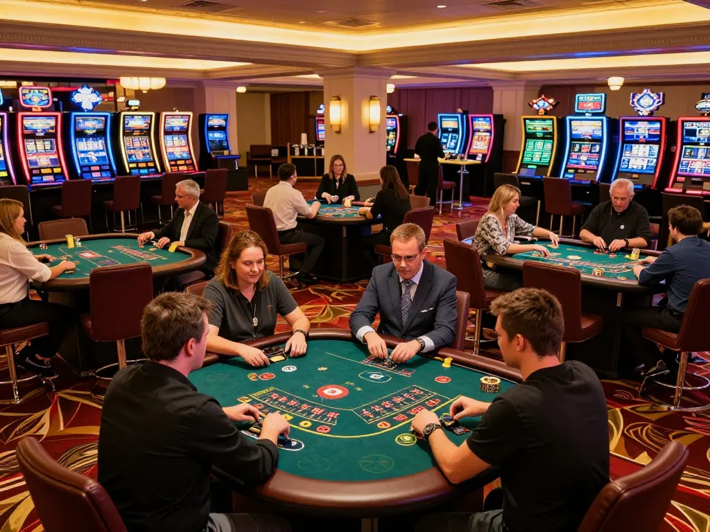 Excited players strategizing at the poker tables of a sun win casino, showcasing the vibrant atmosphere.