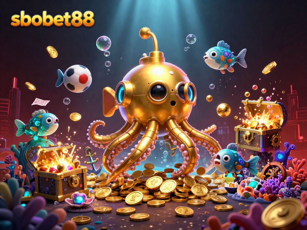 Bet on sbobet88 with excitement through a vibrant underwater scene featuring a golden kraken and mechanical fish.