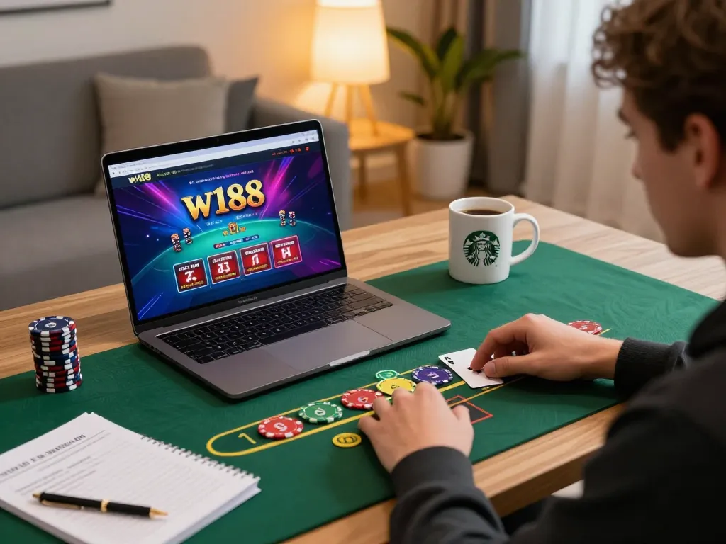 Player engaging in a thrilling blackjack game on w188 online casino site with cozy home setup