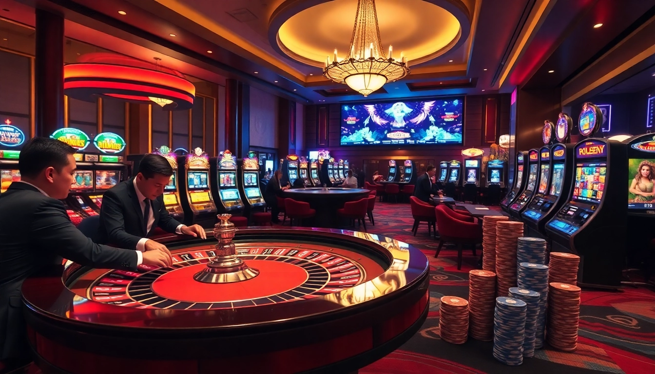 Experience the excitement of gambling at https://lc88x.com/, showcasing vibrant slots and roulette tables.