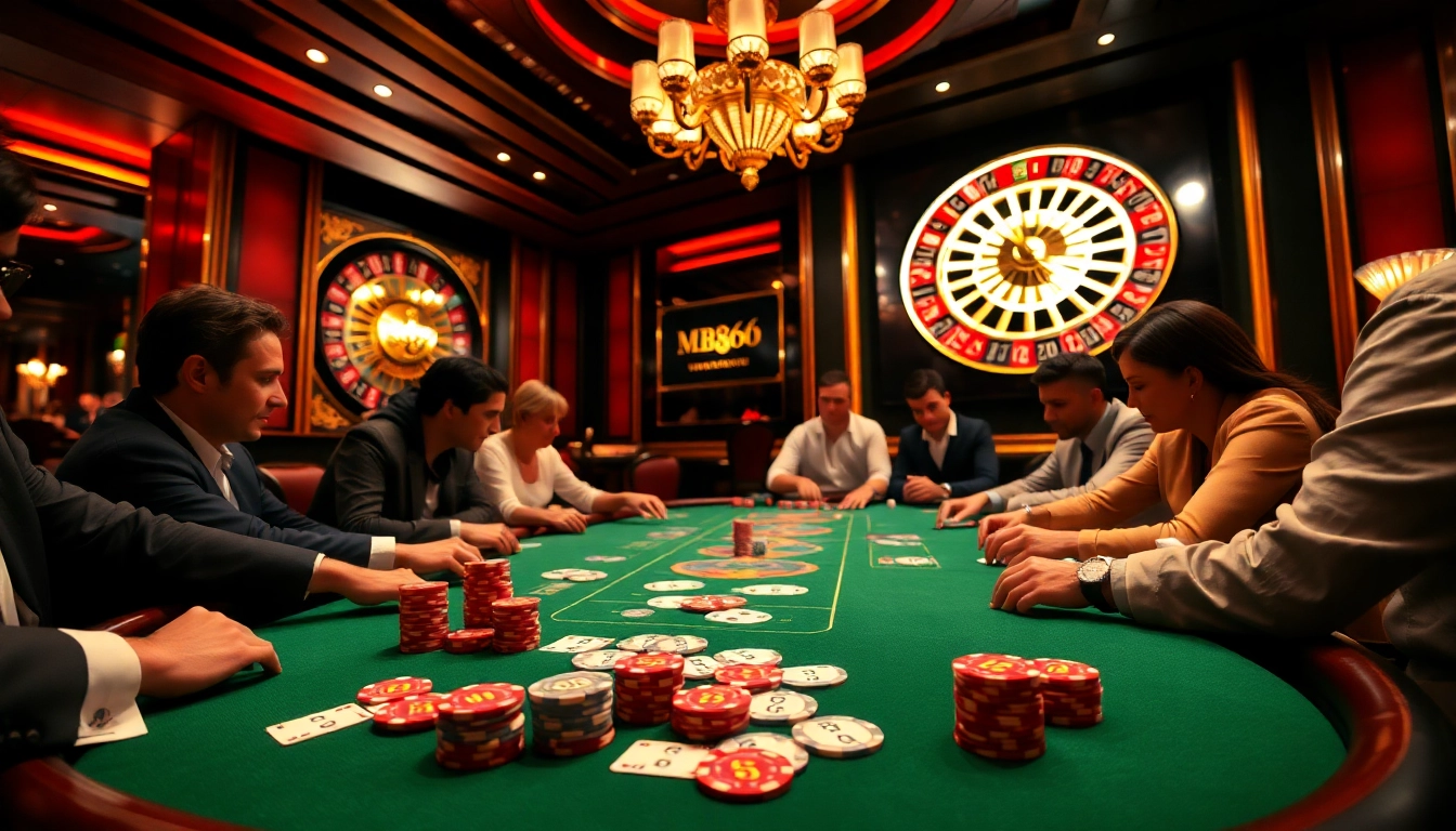 Players engaged in an intense game of MB66 poker at a luxurious casino table, showcasing excitement and professionalism.