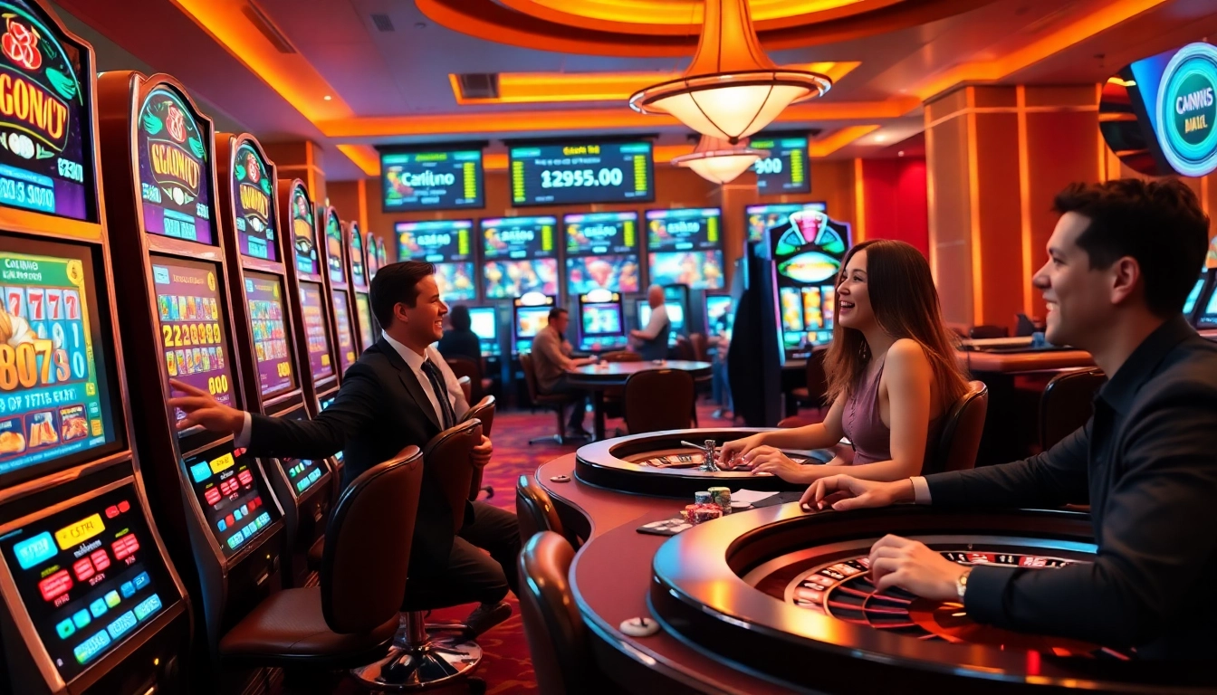 Spin to win at https://7hh.games/ with vibrant slot machines and eager players in a luxurious casino.