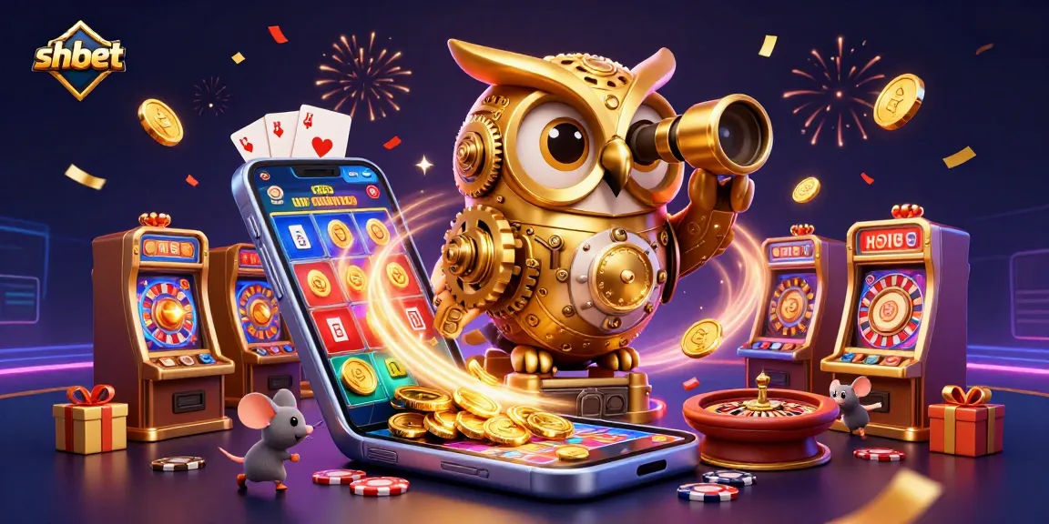 Engage with shbet in this vibrant 3D casino scene showcasing golden owl, dynamic slot games, and winning smiles.