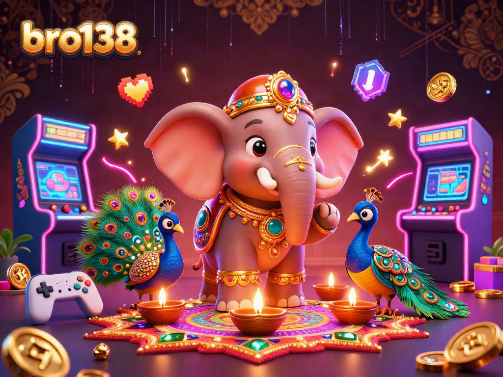 Mainkan slot gacor di bro138 dengan gambar elefant hiasan diwali dan permainan arcade yang berkilau.