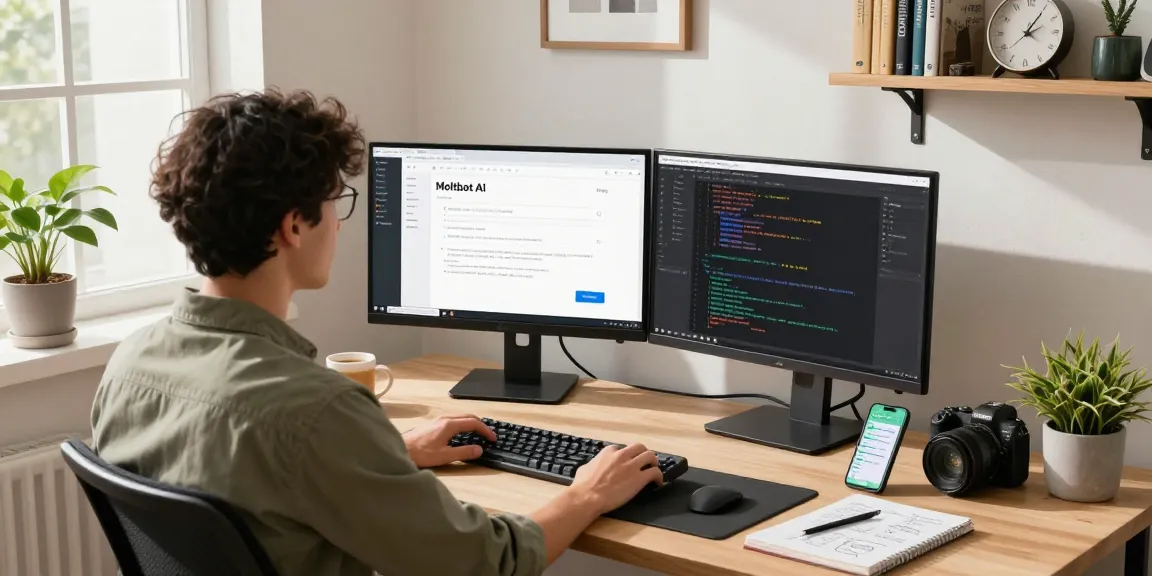 Developer using moltbot AI in a bright home office with dual monitors and tech gadgets.