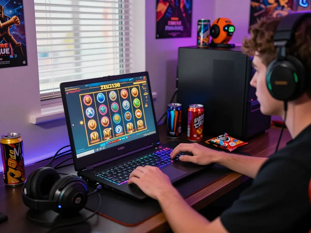 Player enjoying Zeus138's online slot game in an engaging gaming setup with vibrant colors and snacks.