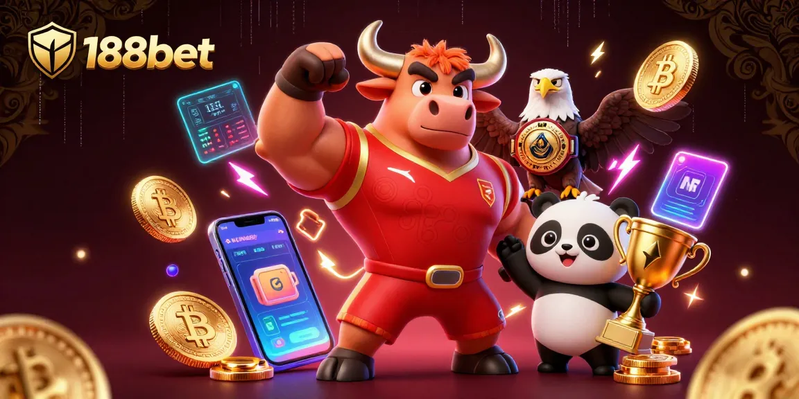 Win big with 188bet's dynamic casino scene featuring a victorious mascot and crypto elements.