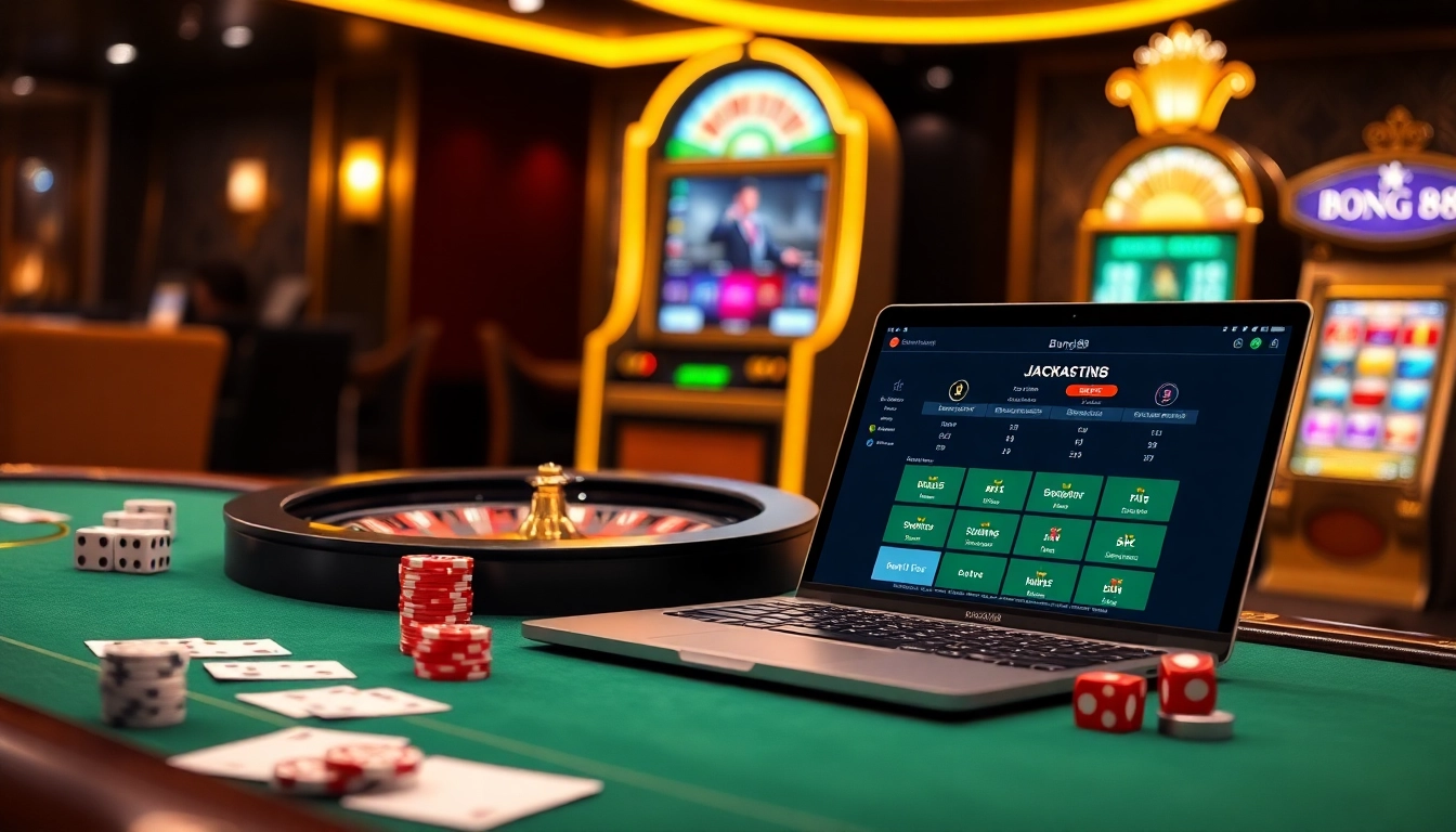 Bong88 casino scene showcasing online gambling excitement with roulette, cards, and sophisticated interface.