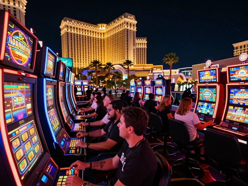 Engaging players winning at Sun win slot machines amidst vibrant Las Vegas nightlife.