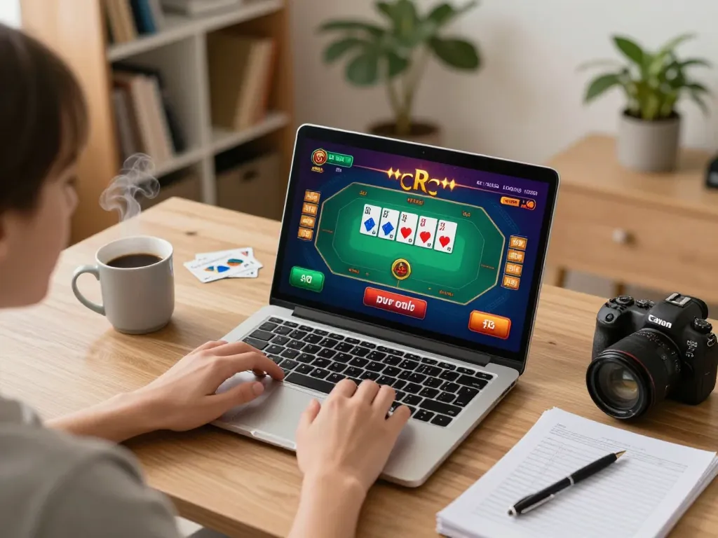 Engaging online gaming session at nhà cái bl555 with vibrant poker interface and cozy home setup.