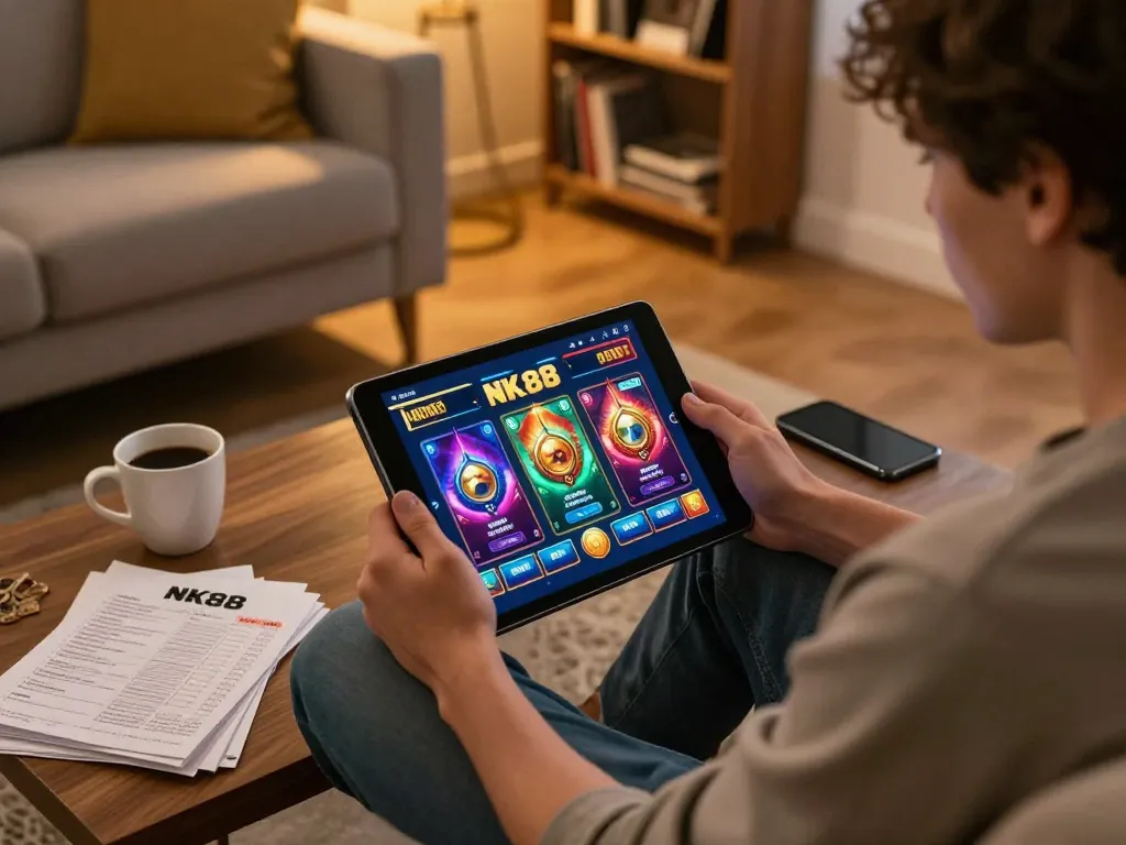 Engaging NK88 online gaming scene with strategy notes and tablet interface.