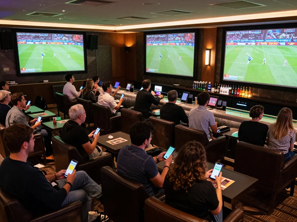 tin soi kèo action at a lively sports betting lounge with fans placing bets and enjoying the game