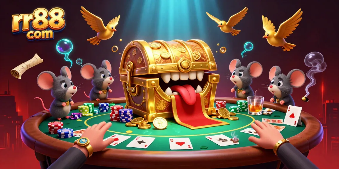 Explore exciting games at rr88 com with alluring treasures and vibrant casino elements in this immersive casino illustration.