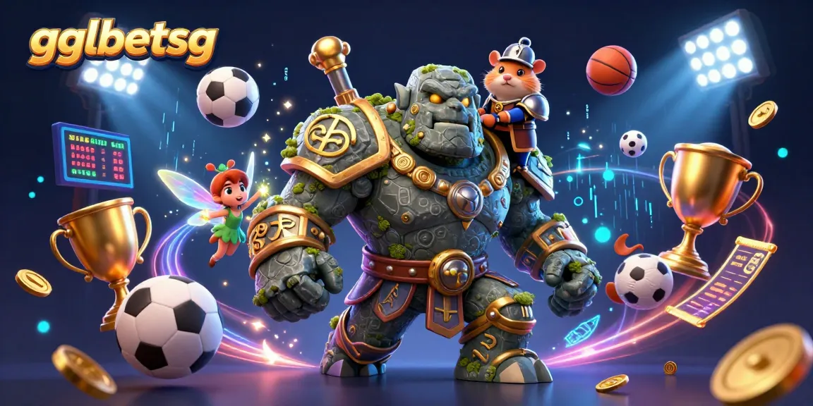gglbetsg showcases an enchanting scene with a golem, fairy, and hamster knight amidst exciting sports betting elements.