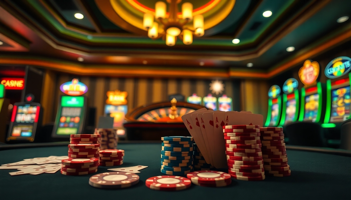 Experience the thrill of JL55 at a luxurious poker table complemented by vibrant casino elements.
