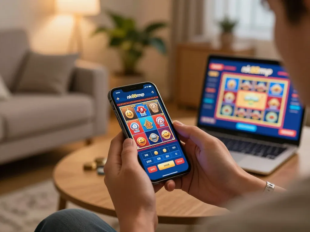 Player engaged on nk88mvp app, showcasing mobile gameplay in a cozy environment.