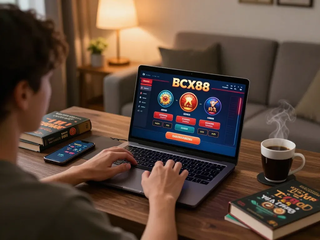 Engaging in online casino gaming at BCX88, showcasing a cozy setup with laptop and smartphone.