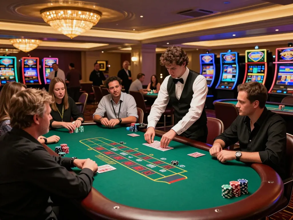Engaged players at XX88 blackjack table strategizing for better odds in a lively casino atmosphere.