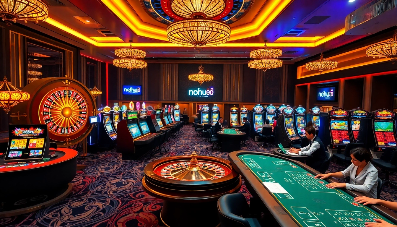 Experience excitement at nhà cái nohu90 with vibrant gaming tables and slot machines.