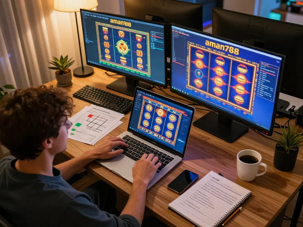 Seorang yang menikmati permainan aman788 slot gacor di beberapa layar di kantor rumah yang nyaman.