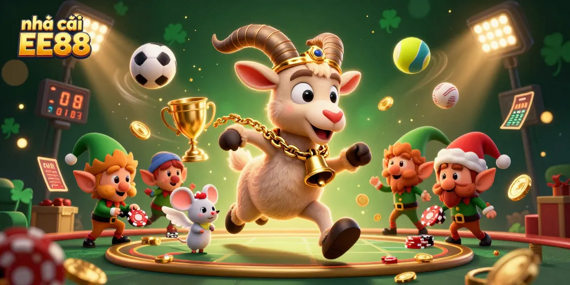 Engage in games at nhà cái EE88 with a playful scene of cartoon characters managing a festive casino.