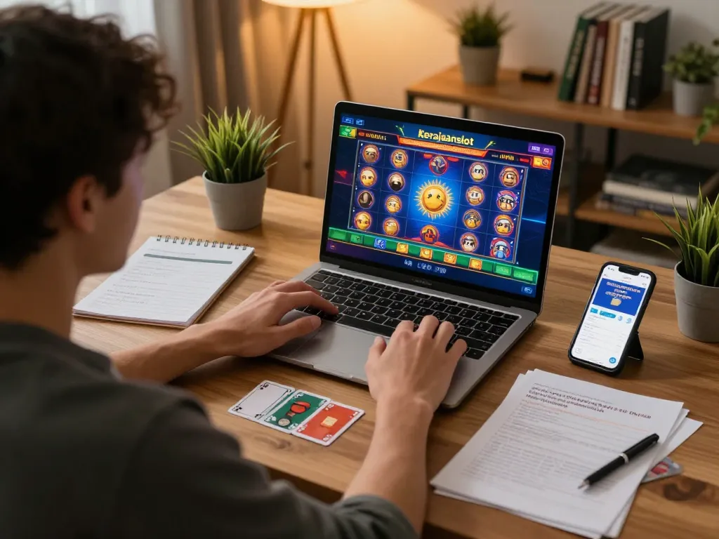 Engaging online gaming scene showcasing kerajaanslot strategy at home, with vibrant laptop display and cozy atmosphere.