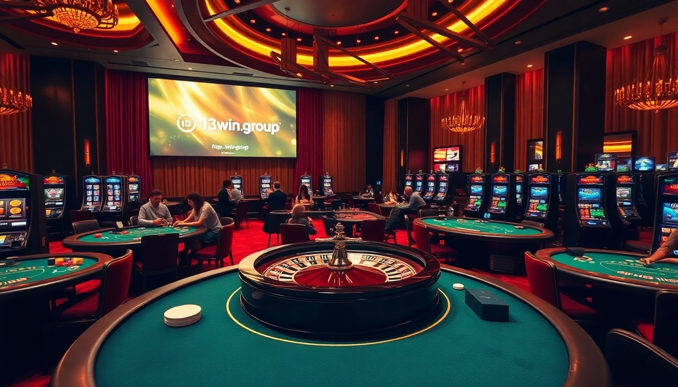 Engage with thrilling games at https://13win.group/, showcasing vibrant roulette and poker action in a luxurious casino.